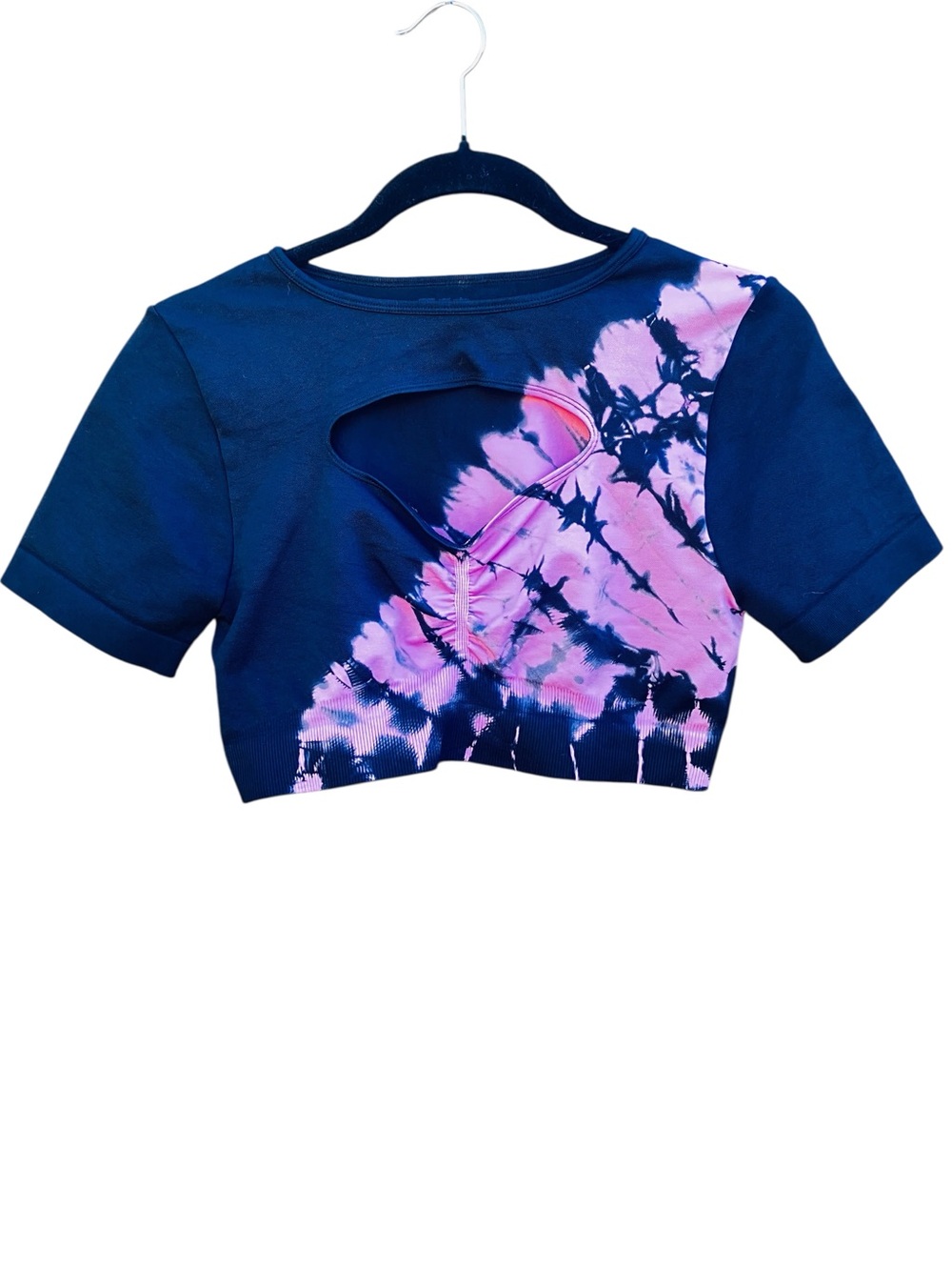 Unbranded Women Crop Top S Blue Pink Tie Dye Keyhole Cutout Seamless Activewear